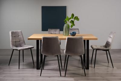 Product photograph of Bentley Designs Ramsay Oak Melamine 6 Seater Dining Table - U Leg With 6 Mondrian Grey Velvet Chairs from Choice Furniture Superstore
