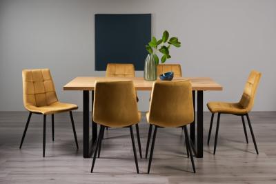 Product photograph of Bentley Designs Ramsay Oak Melamine 6 Seater Dining Table - U Leg With 6 Mondrian Mustard Velvet Chairs from Choice Furniture Superstore