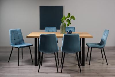 Product photograph of Bentley Designs Ramsay Oak Melamine 6 Seater Dining Table - U Leg With 6 Mondrian Petrol Blue Velvet Chairs from Choice Furniture Superstore