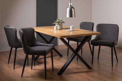 Bentley Designs Ramsay Oak Melamine 6 Seater Dining Table X Leg With 4 Cezanne Dark Grey Faux Leather Chairs Black Legs