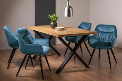 Bentley Designs Ramsay Oak Melamine 6 Seater Dining Table X Leg With 4 Dali Petrol Blue Velvet Chairs