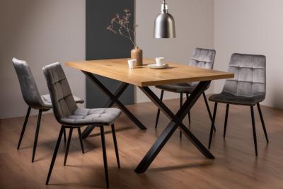 Bentley Designs Ramsay Oak Melamine 6 Seater Dining Table X Leg With 4 Mondrian Grey Velvet Chairs