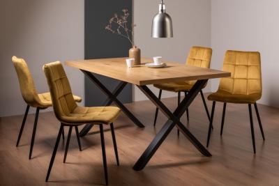 Bentley Designs Ramsay Oak Melamine 6 Seater Dining Table X Leg With 4 Mondrian Mustard Velvet Chairs
