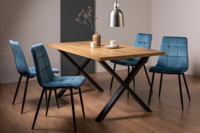 Bentley Designs Ramsay Oak Melamine 6 Seater Dining Table X Leg With 4 Mondrian Petrol Blue Velvet Chairs
