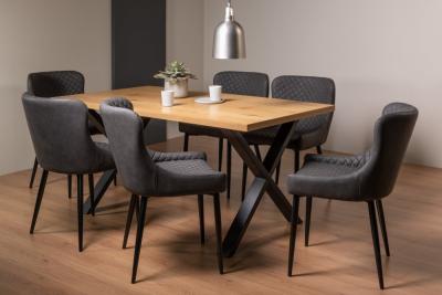 Product photograph of Bentley Designs Ramsay Oak Melamine 6 Seater Dining Table - X Leg With 6 Cezanne Dark Grey Faux Leather Chairs - Black Legs from Choice Furniture Superstore
