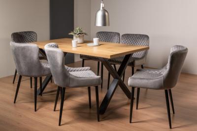 Product photograph of Bentley Designs Ramsay Oak Melamine 6 Seater Dining Table - X Leg With 6 Cezanne Grey Velvet Chairs - Black Legs from Choice Furniture Superstore