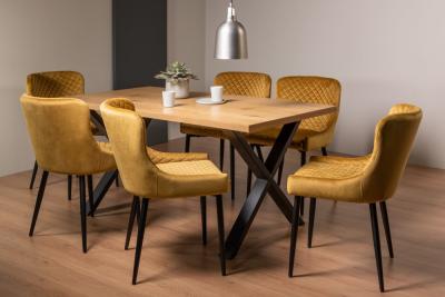 Product photograph of Bentley Designs Ramsay Oak Melamine 6 Seater Dining Table - X Leg With 6 Cezanne Mustard Velvet Chairs - Black Legs from Choice Furniture Superstore