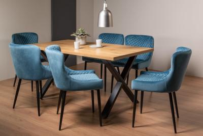 Product photograph of Bentley Designs Ramsay Oak Melamine 6 Seater Dining Table - X Leg With 6 Cezanne Petrol Blue Velvet Chairs - Black Legs from Choice Furniture Superstore