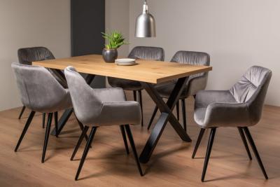 Bentley Designs Ramsay Oak Melamine 6 Seater Dining Table X Leg With 6 Dali Grey Velvet Chairs