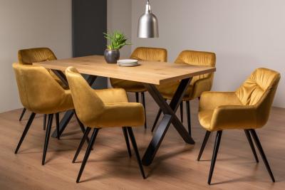 Product photograph of Bentley Designs Ramsay Oak Melamine 6 Seater Dining Table - X Leg With 6 Dali Mustard Velvet Chairs from Choice Furniture Superstore
