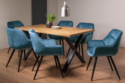 Bentley Designs Ramsay Oak Melamine 6 Seater Dining Table X Leg With 6 Dali Petrol Blue Velvet Chairs