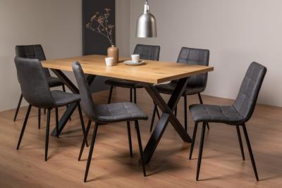 Bentley Designs Ramsay Oak Melamine 6 Seater Dining Table X Leg With 6 Mondrian Dark Grey Faux Leather Chairs
