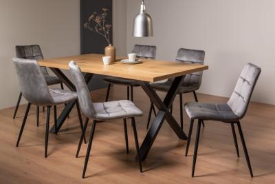 Bentley Designs Ramsay Oak Melamine 6 Seater Dining Table X Leg With 6 Mondrian Grey Velvet Chairs