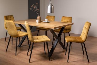 Bentley Designs Ramsay Oak Melamine 6 Seater Dining Table X Leg With 6 Mondrian Mustard Velvet Chairs