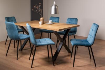 Bentley Designs Ramsay Oak Melamine 6 Seater Dining Table X Leg With 6 Mondrian Petrol Blue Velvet Chairs