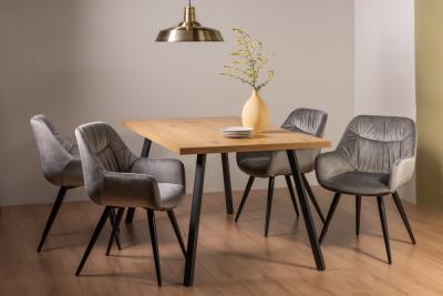 Bentley Designs Ramsay Oak Melamine 6 Seater Dining Table With 4 Dali Grey Velvet Chairs