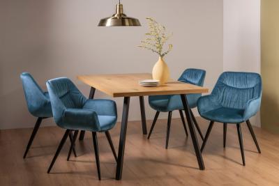 Bentley Designs Ramsay Oak Melamine 6 Seater Dining Table With 4 Dali Petrol Blue Velvet Chairs