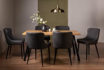 Bentley Designs Ramsay Oak Melamine 6 Seater Dining Table With 6 Cezanne Dark Grey Faux Leather Chairs Black Legs