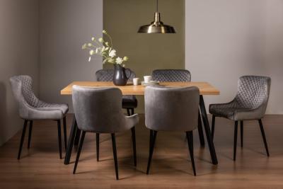Bentley Designs Ramsay Oak Melamine 6 Seater Dining Table With 6 Cezanne Grey Velvet Chairs Black Legs