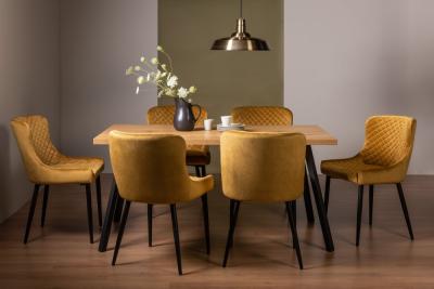 Bentley Designs Ramsay Oak Melamine 6 Seater Dining Table With 6 Cezanne Mustard Velvet Chairs Black Legs