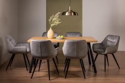 Bentley Designs Ramsay Oak Melamine 6 Seater Dining Table With 6 Dali Grey Velvet Chairs