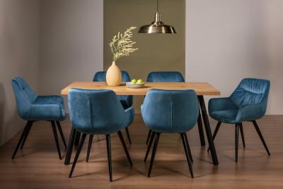 Bentley Designs Ramsay Oak Melamine 6 Seater Dining Table With 6 Dali Petrol Blue Velvet Chairs