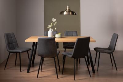 Bentley Designs Ramsay Oak Melamine 6 Seater Dining Table With 6 Mondrian Dark Grey Faux Leather Chairs