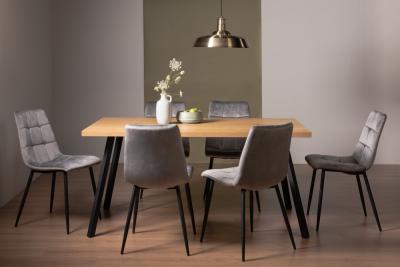 Bentley Designs Ramsay Oak Melamine 6 Seater Dining Table With 6 Mondrian Grey Velvet Chairs