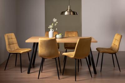 Bentley Designs Ramsay Oak Melamine 6 Seater Dining Table With 6 Mondrian Mustard Velvet Chairs