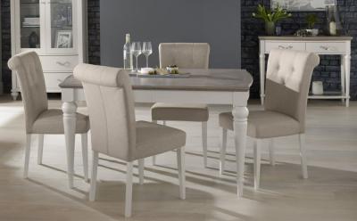 Bentley Designs Montreux Grey Washed Oak And Soft Grey 4 To 6 Seater Extending Dining Table With 4 Upholstered Pebble Grey Fabric Chairs
