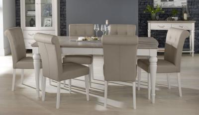 Product photograph of Bentley Designs Montreux Grey Washed Oak And Soft Grey 6 To 8 Seater Extending Dining Table With 6 Upholstered Grey Bonded Leather Chairs from Choice Furniture Superstore
