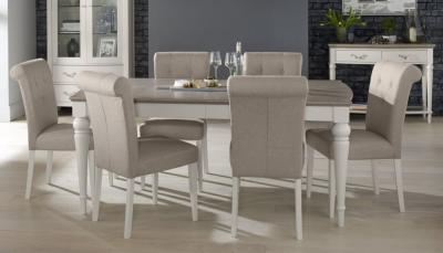 Product photograph of Bentley Designs Montreux Grey Washed Oak And Soft Grey 6 To 8 Seater Extending Dining Table With 6 Upholstered Pebble Grey Fabric Chairs from Choice Furniture Superstore