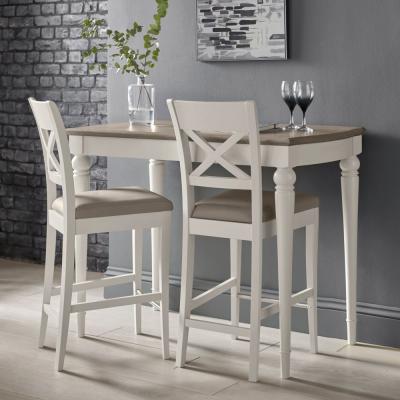 Bentley Designs Montreux Grey Washed Oak And Soft Grey Bar Table With 2 X Back Grey Bonded Leather Bar Stools