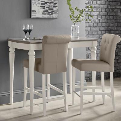 Product photograph of Bentley Designs Montreux Grey Washed Oak And Soft Grey Bar Table With 2 Upholstered Grey Bonded Leather Bar Stools from Choice Furniture Superstore