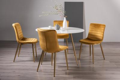 Product photograph of Bentley Designs Francesca White Glass 4 Seater Dining Table With 4 Rothko Mustard Velvet Chairs - Gold Legs from Choice Furniture Superstore