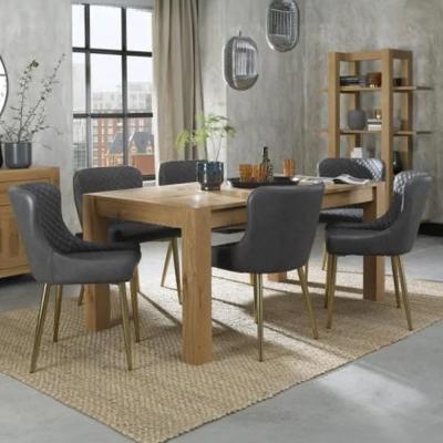 Bentley Designs Turin Light Oak 6-8 Seater Extending Dining Table with 6 Cezanne Dark Grey Faux Leather Chairs - Gold Legs thumbnail
