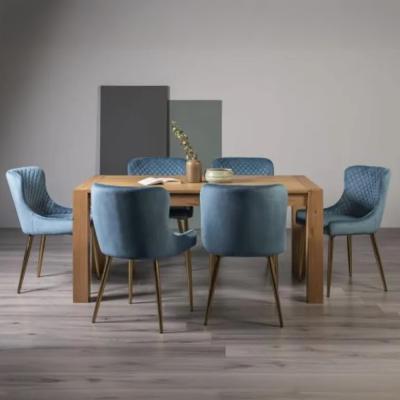 Bentley Designs Turin Light Oak 6 Seater Dining Table with 6 Cezanne Petrol Blue Velvet Chairs - Gold Legs thumbnail