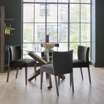 Turin Glass Round Dining Table - 4 Seater - 120cm - Dark Oak Legs - 4 Gun Metal Velvet Low Back Chairs