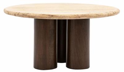 Trevi Travertine Stone Top And Dark Wood Round Coffee Table