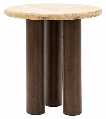 Texico Travertine Stone Top And Dark Wood Round Side Table