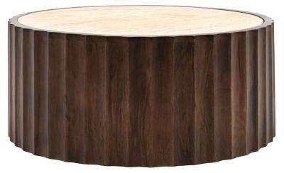 Cascia Travertine Stone Top And Dark Wood Round Coffee Table