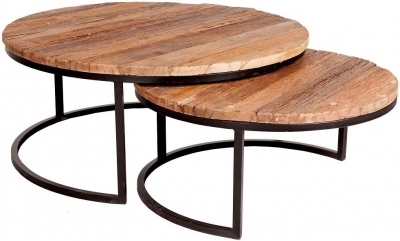 Product photograph of Reclaimed Railway Sleeper Brown Round Coffee Tables Set Of 2 from Choice Furniture Superstore
