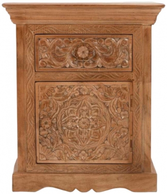 Product photograph of Carved Mango Wood Bedside Table from Choice Furniture Superstore