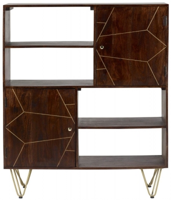 Product photograph of Dark Mango Wood Display Cabinet - Hairpin Legs With Gold Geomatric Inlay from Choice Furniture Superstore