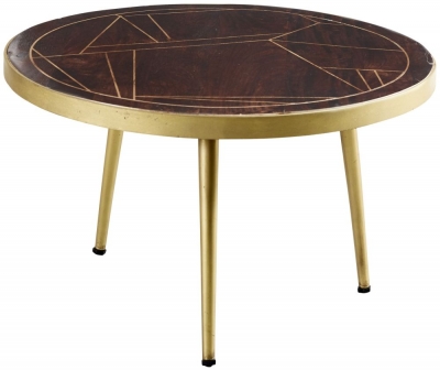 Product photograph of Dark Mango Wood Round Coffee Table - Gold Geomatric Inlay from Choice Furniture Superstore