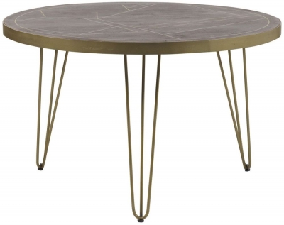 Product photograph of Dark Mango Wood 4 Seater Round Dining Table - Hairpin Legs With Gold Geomatric Inlay from Choice Furniture Superstore