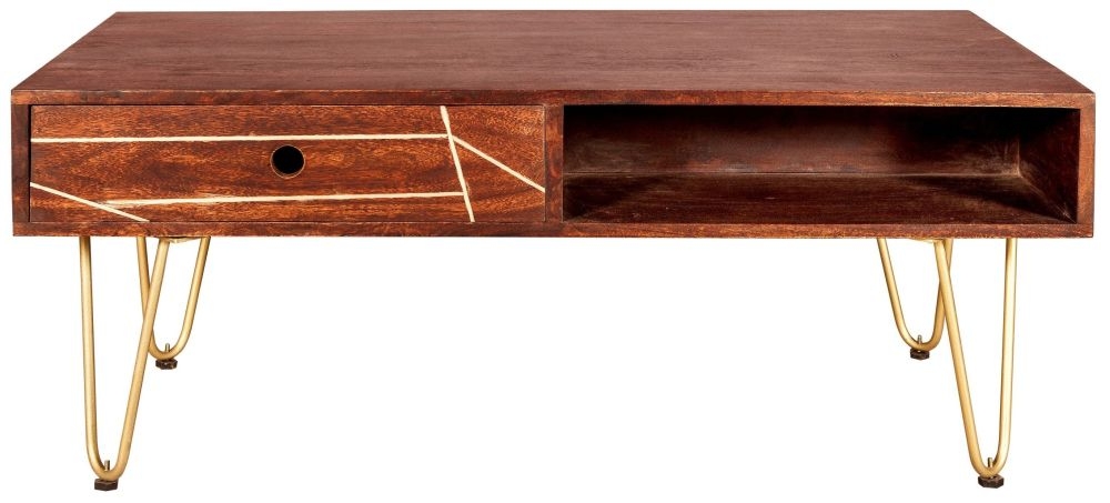 Kaza Dark Mango Wood 1 Drawer Coffee Table - Hairpin Legs with Gold Geomatric Inlay