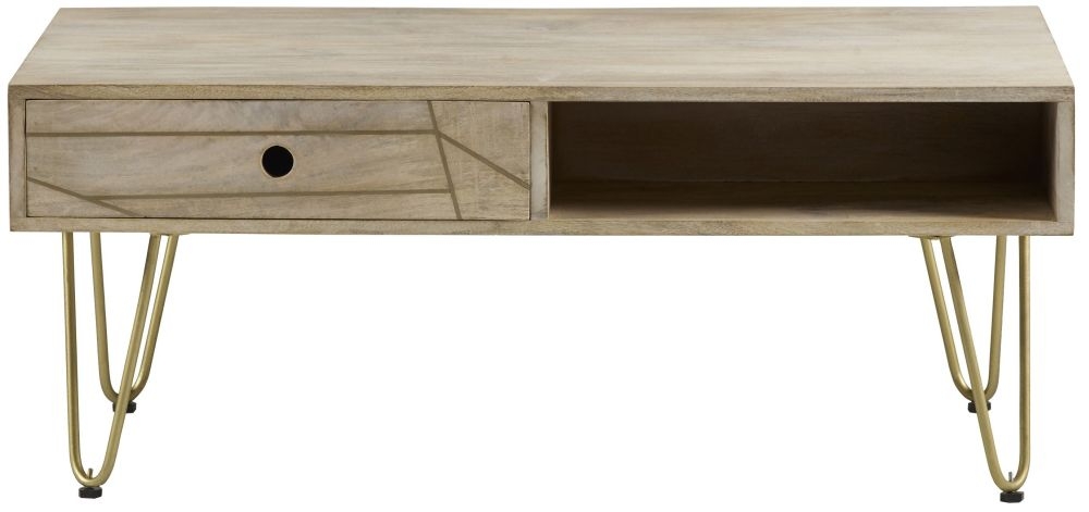 Light Mango Wood 1 Drawer Coffee Table - Hairpin Legs with Gold Geomatric Inlay