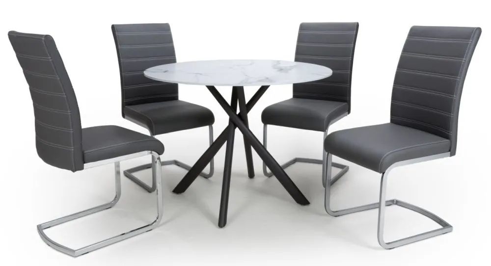 Avesta White Marble Effect Round Dining Table and 4 Callisto Black Leather Chairs
