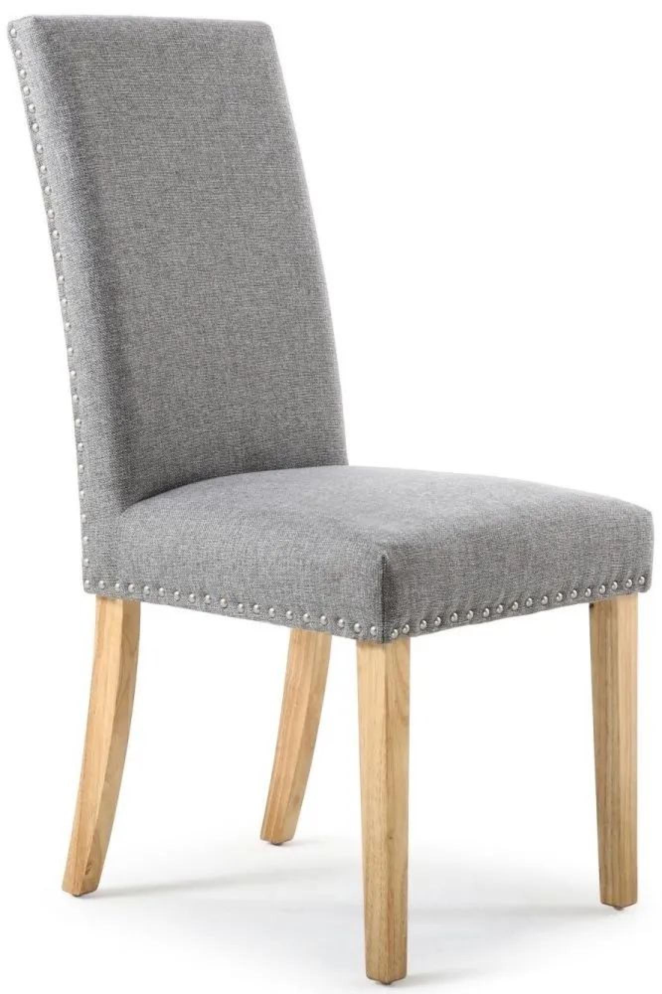 Set of 2 Randall Stud Detail Linen Effect Silver Grey Dining Chair in Natural Legs